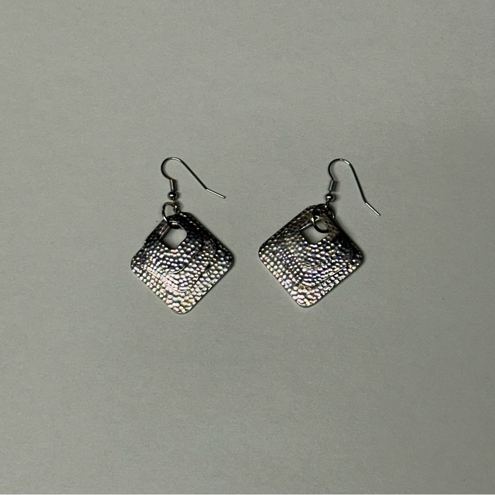 Silver Square/Diamond Shaped Textured Layered Dangly Earrings